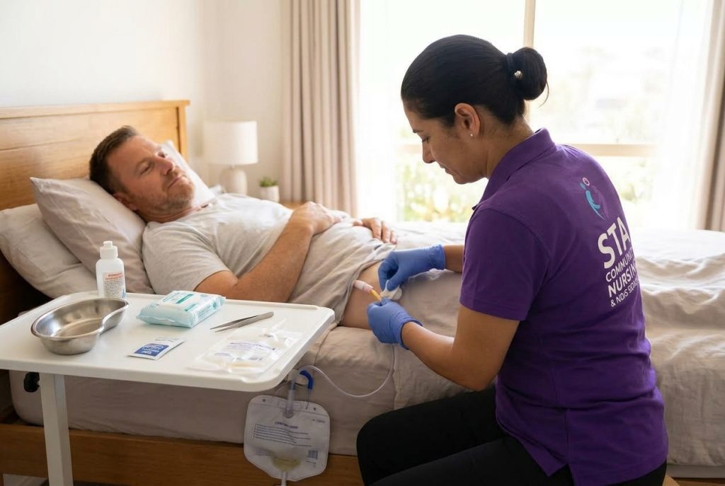 STA Community Nursing nurse in gloves providing catheter care to a man resting in bed at home