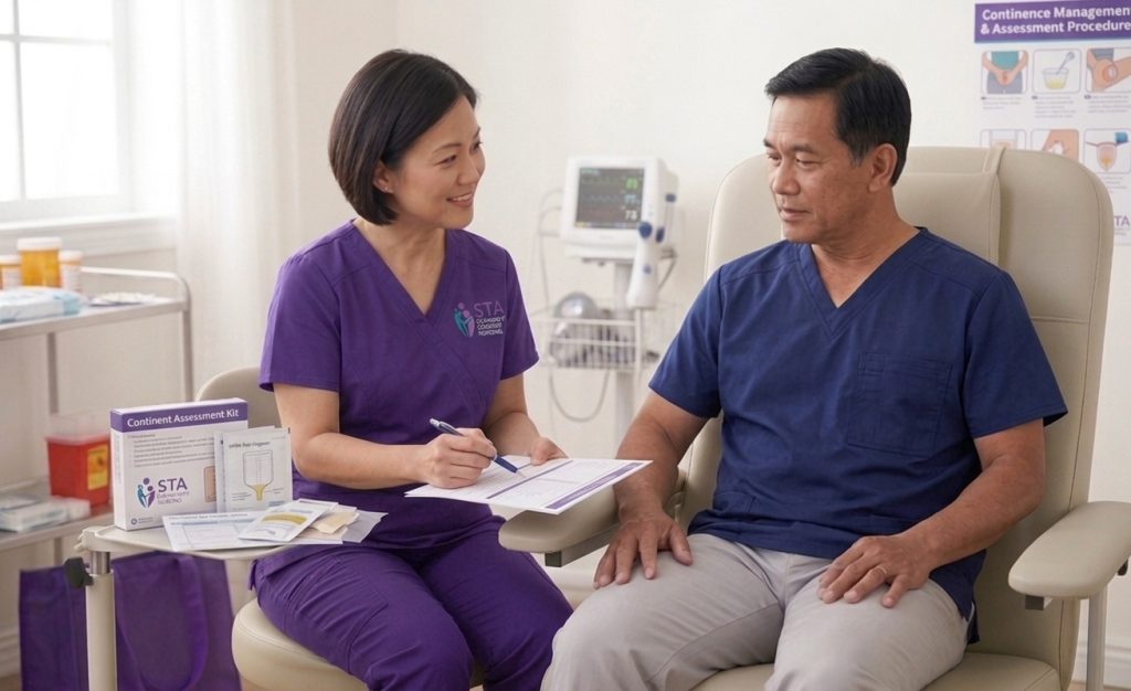 STA Community Nursing nurse discussing a continence assessment with a client while holding an assessment form