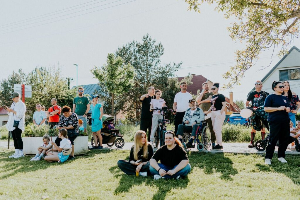 A diverse group of people, including wheelchair users, gathered on a sunny lawn at an outdoor community event