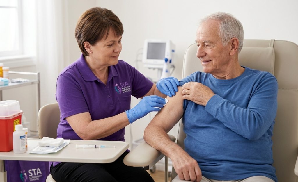 STA Community Nursing nurse preparing a client’s upper arm for an injection