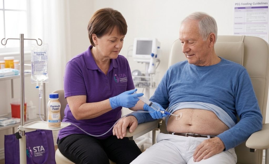 STA Community Nursing nurse assisting an older man with PEG tube feeding using a syringe and feed bag