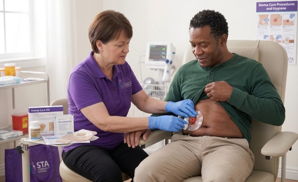 STA Community Nursing nurse fitting a stoma bag for a client, with a stoma care kit on the tray beside them