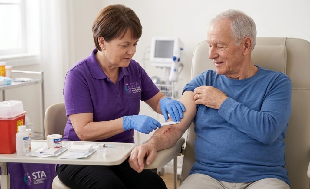 STA Community Nursing nurse measuring and assessing a wound on a client’s forearm
